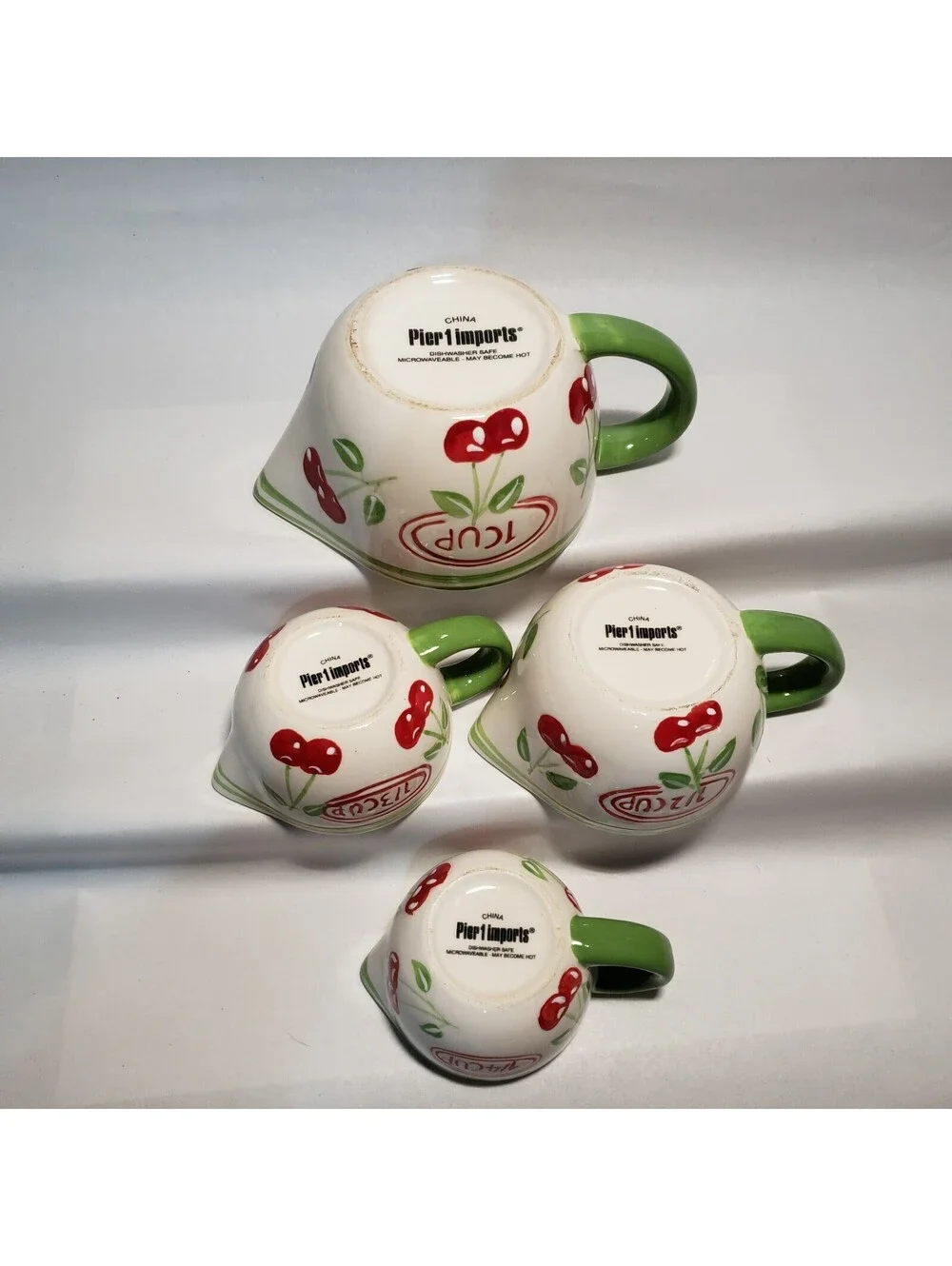 Pier 1 Imports Measuring Cup Set Cherries Ceramic 4 piece Kitchen Green Red